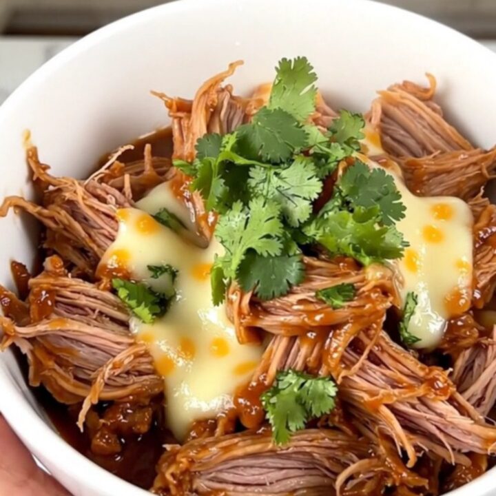 A white bowl filled with shredded pork, corn, and red enchilada sauce, topped with melted shredded cheddar cheese.