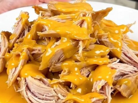 A steaming plate of shredded chicken coated in a rich, glossy cheddar beer sauce on a white plate.