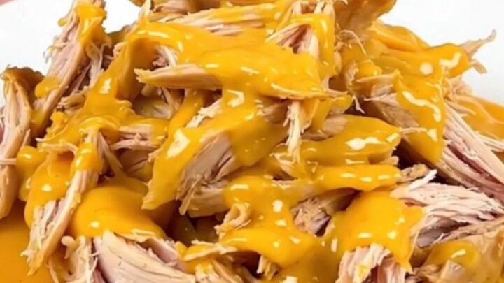 A steaming plate of shredded chicken coated in a rich, glossy cheddar beer sauce on a white plate.
