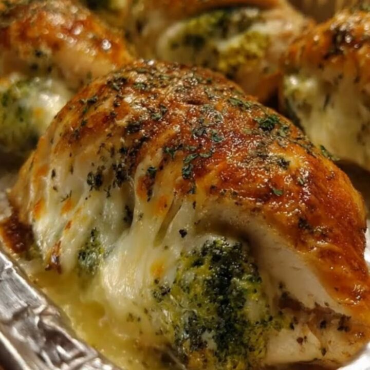 A golden-brown baked stuffed chicken breast sliced open to reveal melted cheese stretching with tender broccoli.