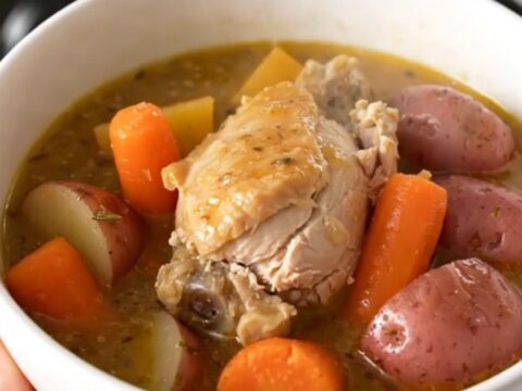 A steaming bowl of rosemary garlic chicken stew with chunks of chicken, red potatoes, and carrots in a rich broth.