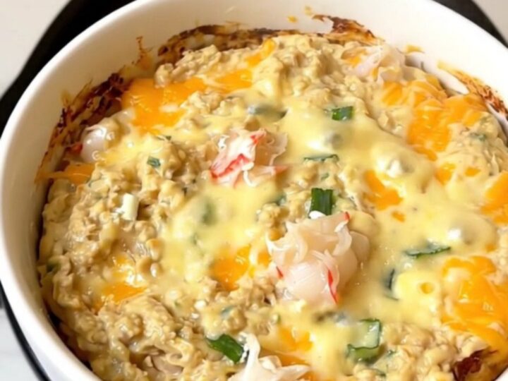 A close-up of a creamy, steaming hot crab dip in a white bowl with scallions.
