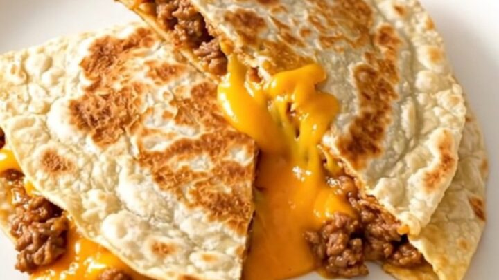 A crispy, golden-brown quesadilla cut into wedges on a white plate, showing a cheesy, beefy filling.
