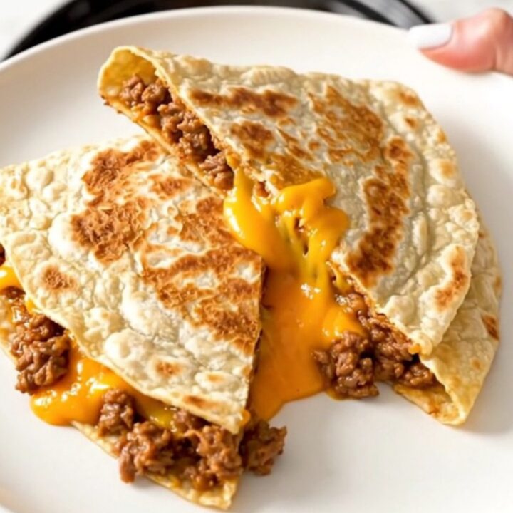A crispy, golden-brown quesadilla cut into wedges on a white plate, showing a cheesy, beefy filling.