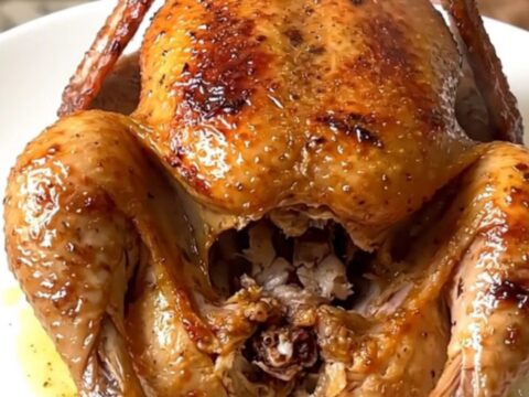 A whole cooked chicken coated in green basil pesto and savory ranch herbs inside a black slow cooker.