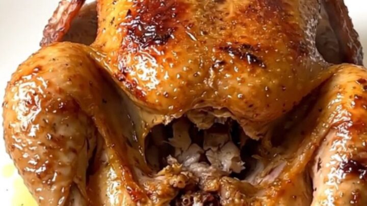 A whole cooked chicken coated in green basil pesto and savory ranch herbs inside a black slow cooker.