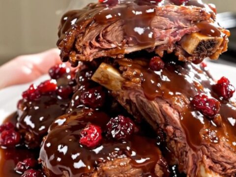 A close-up of tender, cranberry-glazed beef short ribs served on a white plate.