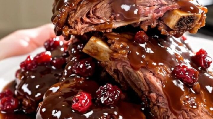 A close-up of tender, cranberry-glazed beef short ribs served on a white plate.