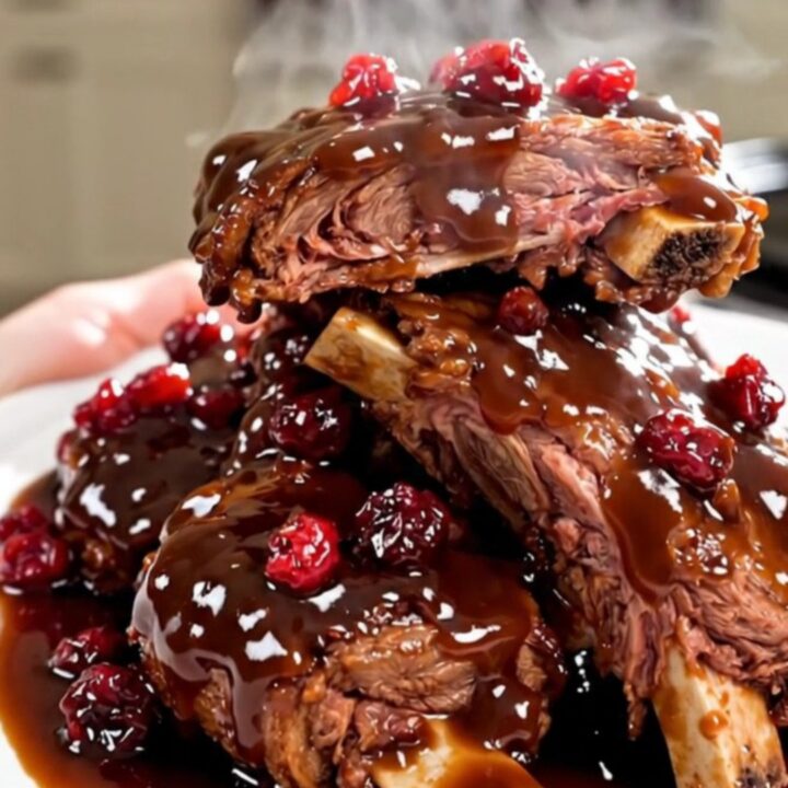 A close-up of tender, cranberry-glazed beef short ribs served on a white plate.