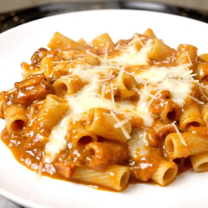 A steaming plate of creamy vodka ziti topped with fresh spinach, captured in a bright kitchen setting.