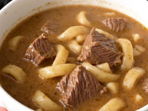 A steaming white bowl filled with creamy beef stroganoff soup featuring tender beef chunks and egg noodles.