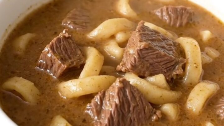 A steaming white bowl filled with creamy beef stroganoff soup featuring tender beef chunks and egg noodles.