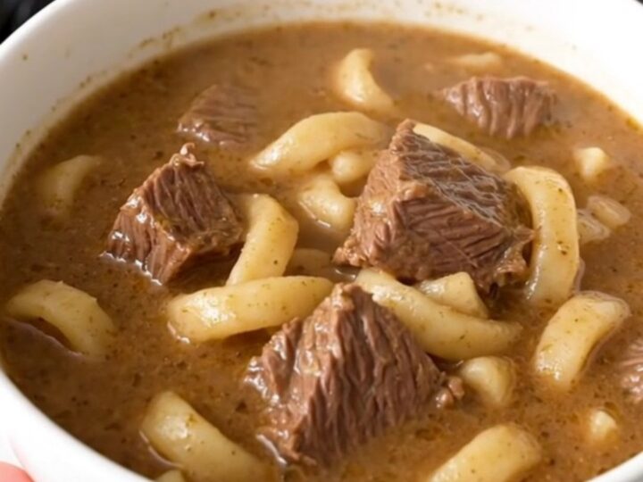 A steaming white bowl filled with creamy beef stroganoff soup featuring tender beef chunks and egg noodles.