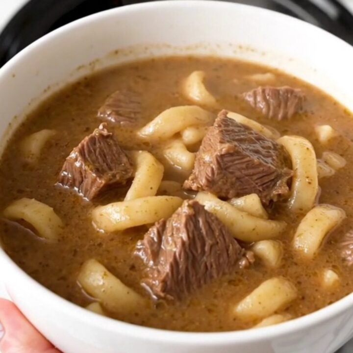 A steaming white bowl filled with creamy beef stroganoff soup featuring tender beef chunks and egg noodles.