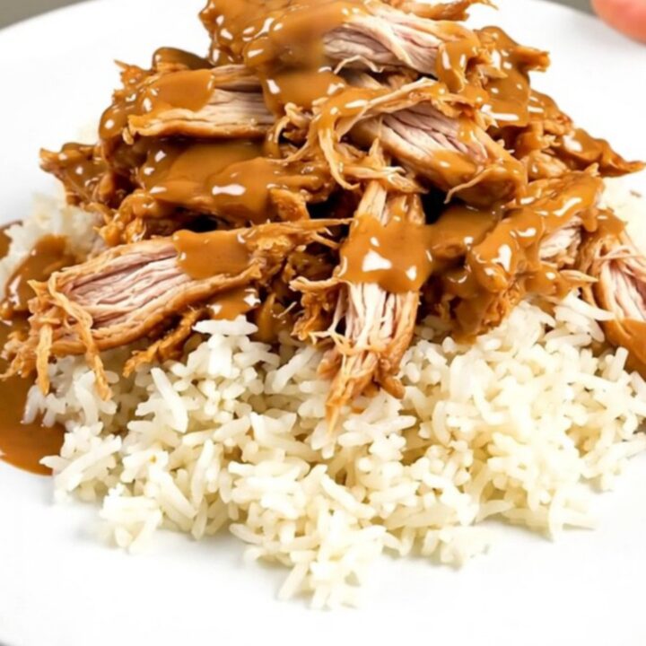 A close-up of glossy shredded Thai peanut chicken served over a bed of steaming white rice on a round plate.