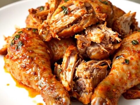 A steaming, shredded whole chicken seasoned with lime and spices on a white plate.