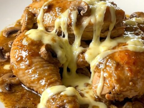 A slow cooker filled with chicken breasts, sliced mushrooms, and cubes of brie cheese ready to be cooked.