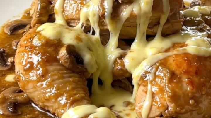 A slow cooker filled with chicken breasts, sliced mushrooms, and cubes of brie cheese ready to be cooked.