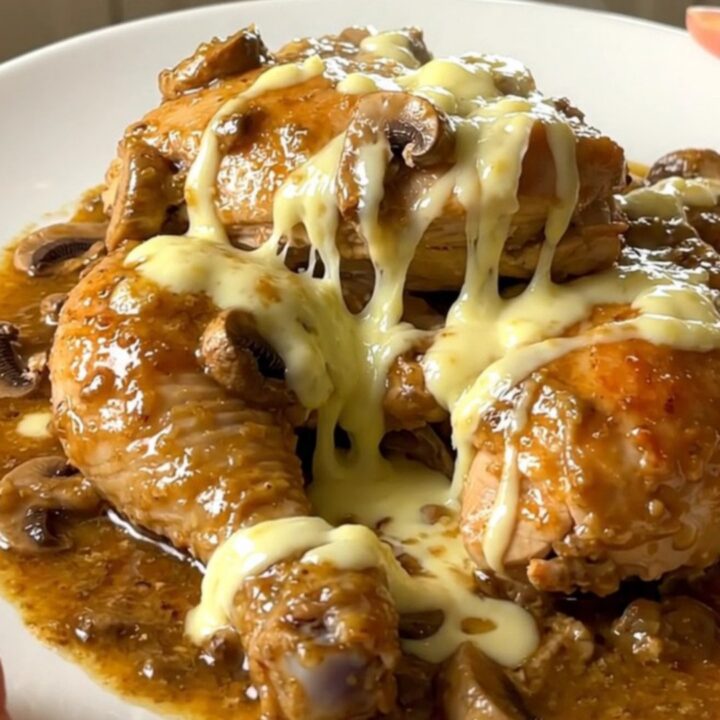 A slow cooker filled with chicken breasts, sliced mushrooms, and cubes of brie cheese ready to be cooked.