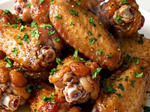 A close-up of slow cooker garlic butter herb chicken wings served on a plate.