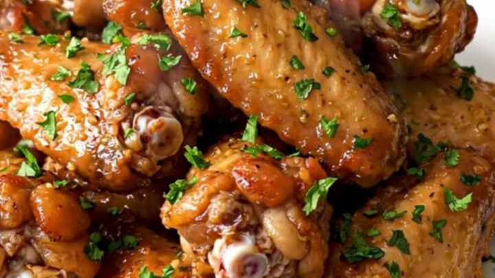 A close-up of slow cooker garlic butter herb chicken wings served on a plate.