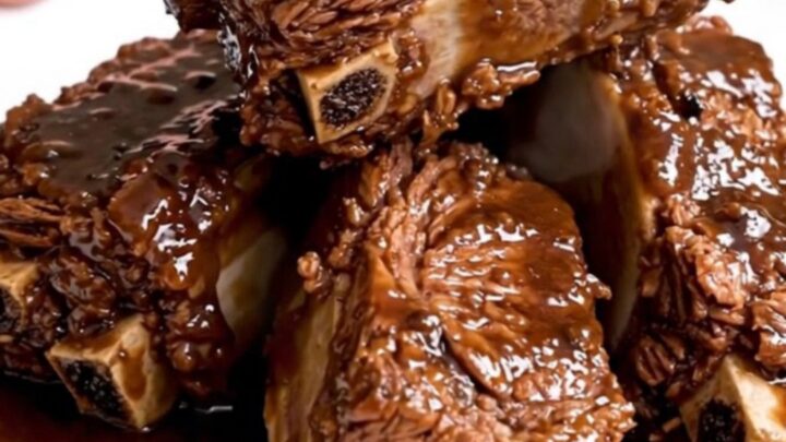 A plate of rich, dark, fall-apart tender braised short ribs served with a glossy pan sauce.
