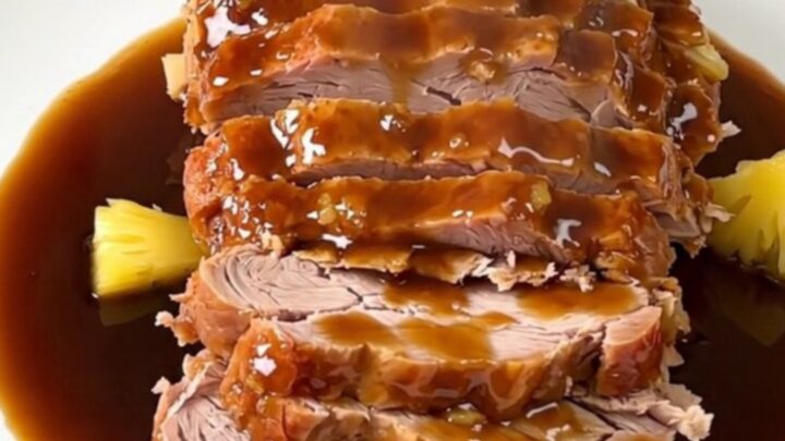 A slow cooker pork roast glazed with pineapple and brown sugar, served on a white plate.
