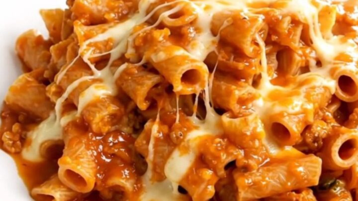 A close-up of creamy buffalo ranch ziti in a black slow cooker on a white countertop.
