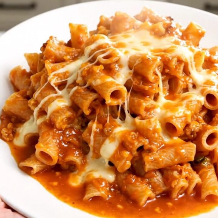 A close-up of creamy buffalo ranch ziti in a black slow cooker on a white countertop.