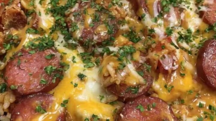 A bubbling cast iron skillet filled with seasoned rice, seared smoked sausage, and melted cheddar cheese.