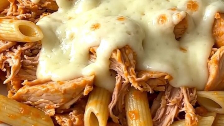 A close-up of creamy shredded chicken with roasted red peppers served over penne pasta in a white bowl.