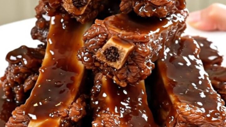 A close-up of glossy, fork-tender Korean style short ribs on a white plate.