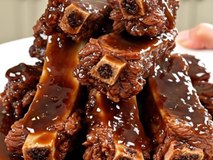 A close-up of glossy, fork-tender Korean style short ribs on a white plate.