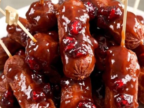 A slow cooker filled with glazed cocktail smokies in a rich cranberry barbecue sauce.