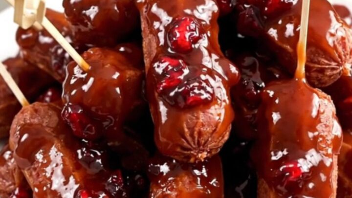 A slow cooker filled with glazed cocktail smokies in a rich cranberry barbecue sauce.