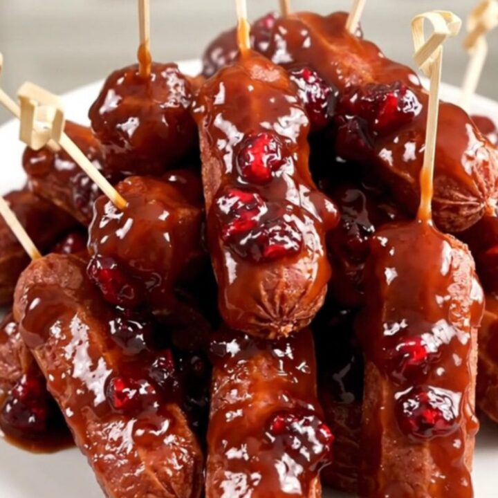 A slow cooker filled with glazed cocktail smokies in a rich cranberry barbecue sauce.