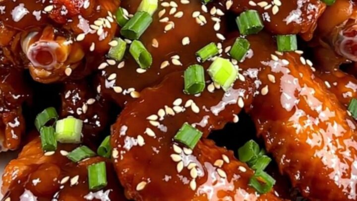 A close-up of glossy, glazed General Tso chicken wings on a white plate, garnished with scallions and sesame seeds.