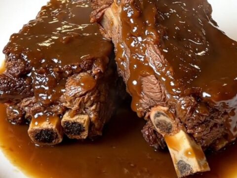 A close-up of tender beef short ribs on a white plate, showing the rich, glossy sauce and steam rising.
