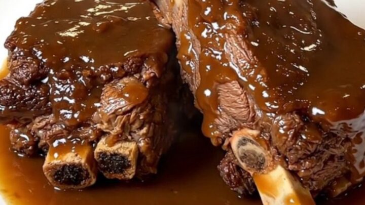 A close-up of tender beef short ribs on a white plate, showing the rich, glossy sauce and steam rising.