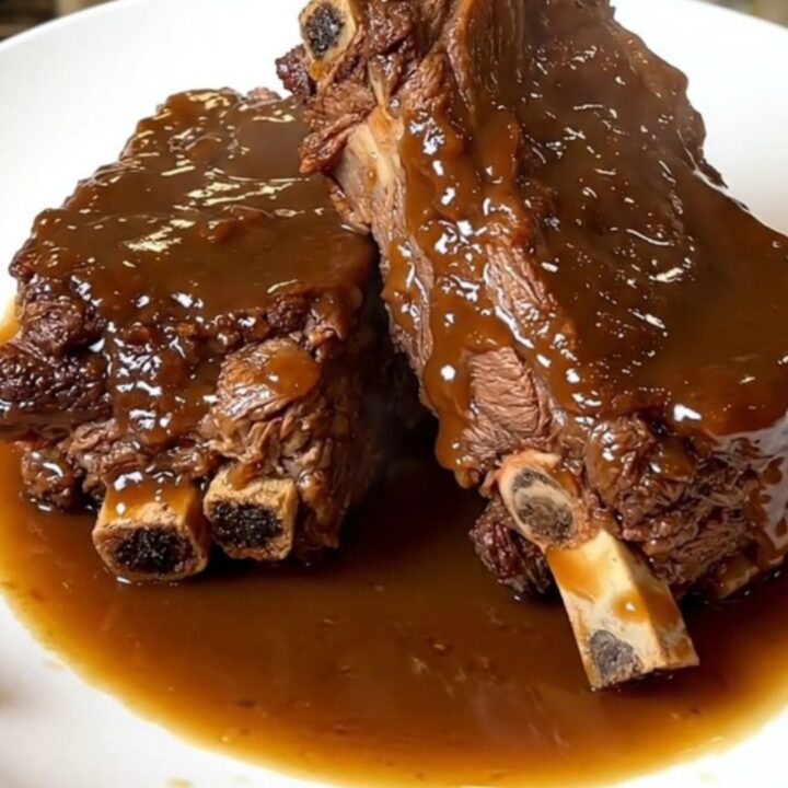 A close-up of tender beef short ribs on a white plate, showing the rich, glossy sauce and steam rising.
