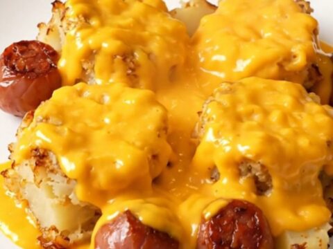 A close-up of cheesy scalloped potatoes and sliced kielbasa served on a white plate.