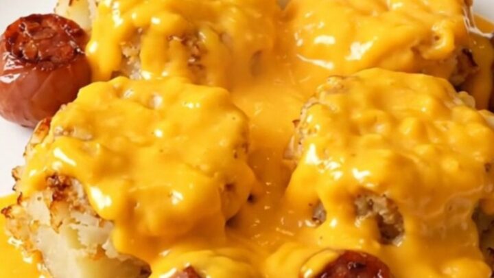 A close-up of cheesy scalloped potatoes and sliced kielbasa served on a white plate.