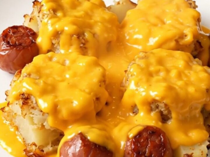 A close-up of cheesy scalloped potatoes and sliced kielbasa served on a white plate.
