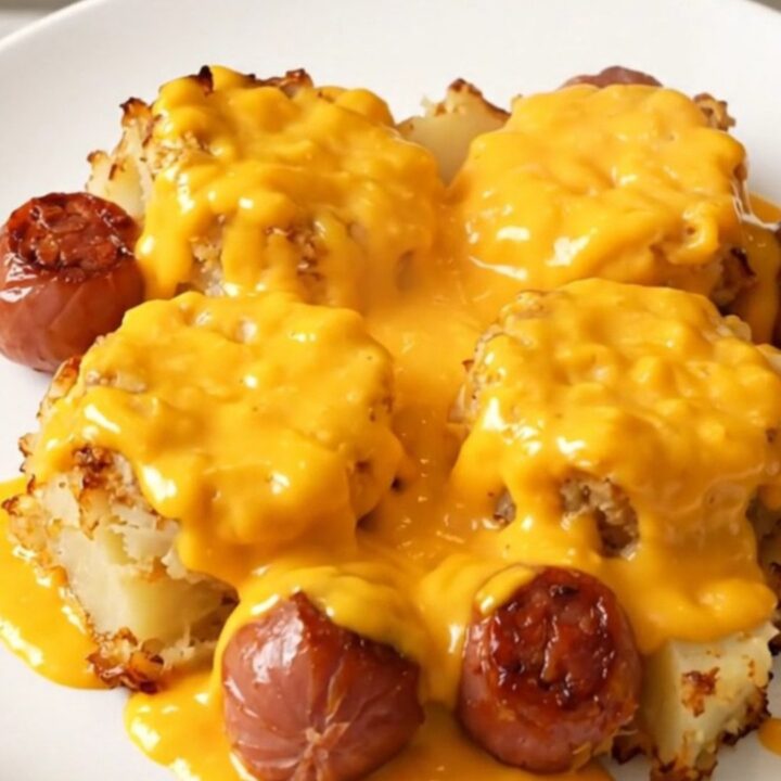 A close-up of cheesy scalloped potatoes and sliced kielbasa served on a white plate.