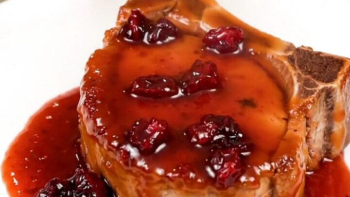 A close-up view of tender, glazed pork chops topped with dried cranberries in a slow cooker.