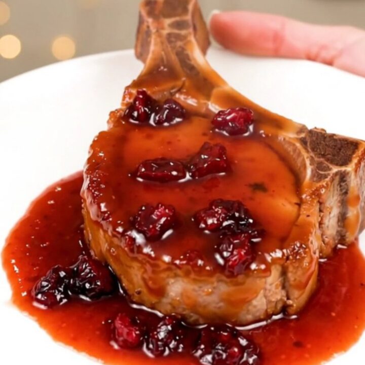 A close-up view of tender, glazed pork chops topped with dried cranberries in a slow cooker.