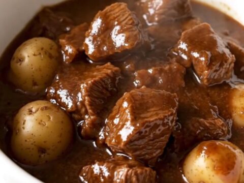 A white bowl filled with tender balsamic beef and soft potatoes in a rich, glossy dark sauce.