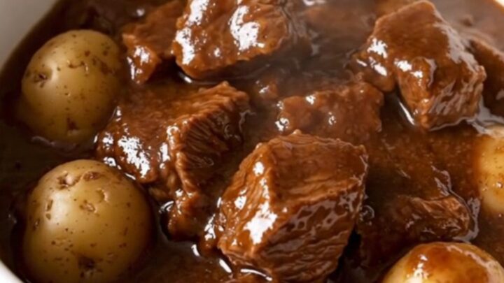 A white bowl filled with tender balsamic beef and soft potatoes in a rich, glossy dark sauce.