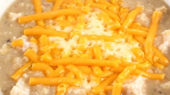 A steaming bowl of creamy cheddar ale bacon chowder topped with melted cheddar cheese.