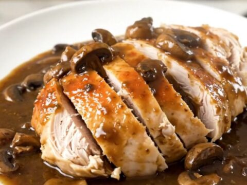 A whole chicken cooked in a slow cooker, smothered in a rich, creamy mushroom sauce with visible mushroom slices.